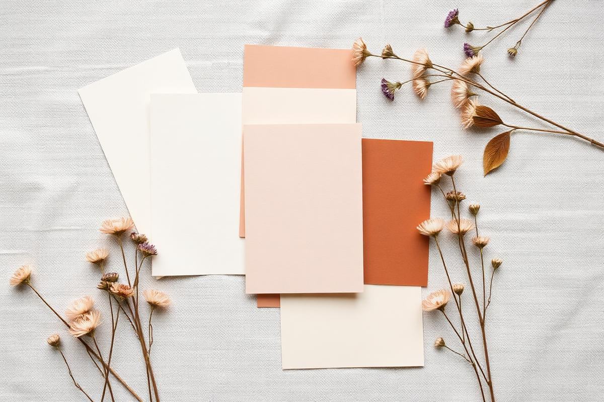 Wedding colour swatches in blush, terracotta and ivory with paper samples and dried flowers