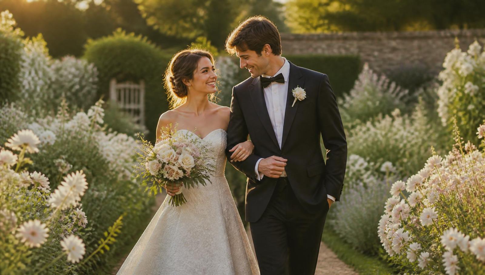 Bride and groom walking through a flower-filled garden at golden hour