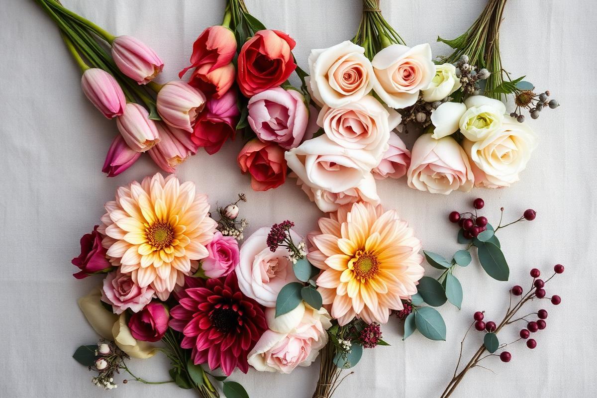 Seasonal British wedding flowers laid out together: tulips, roses, dahlias and winter foliage