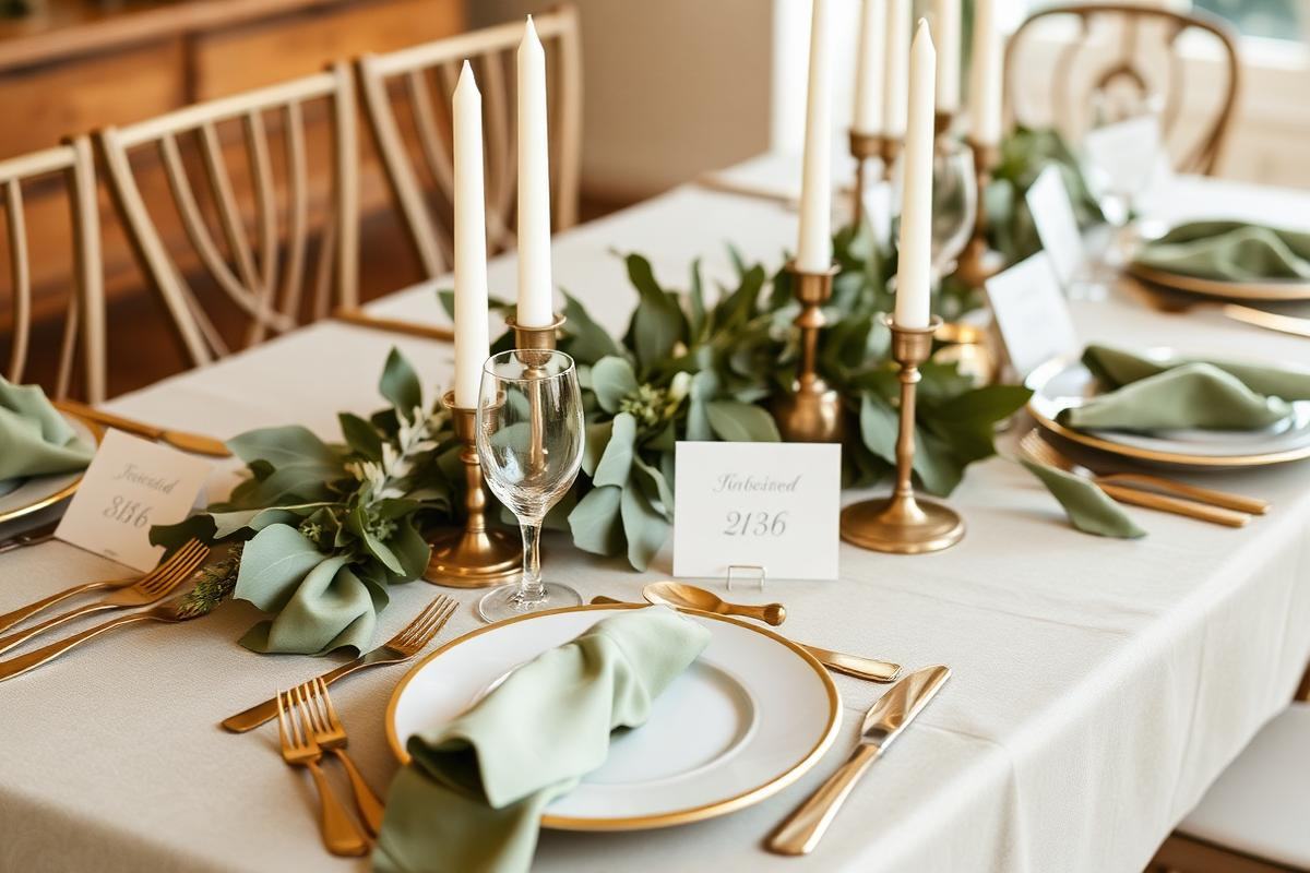 Wedding table styled with sage napkins, gold cutlery, candles and ivory place cards